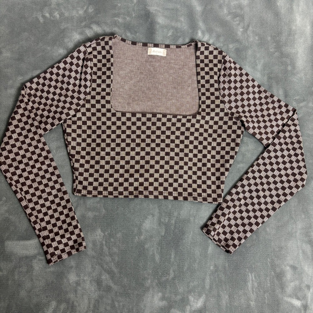 Altar'd State Women's L Brown Checkerboard Square Neck Crop Top Y2K Streetwear